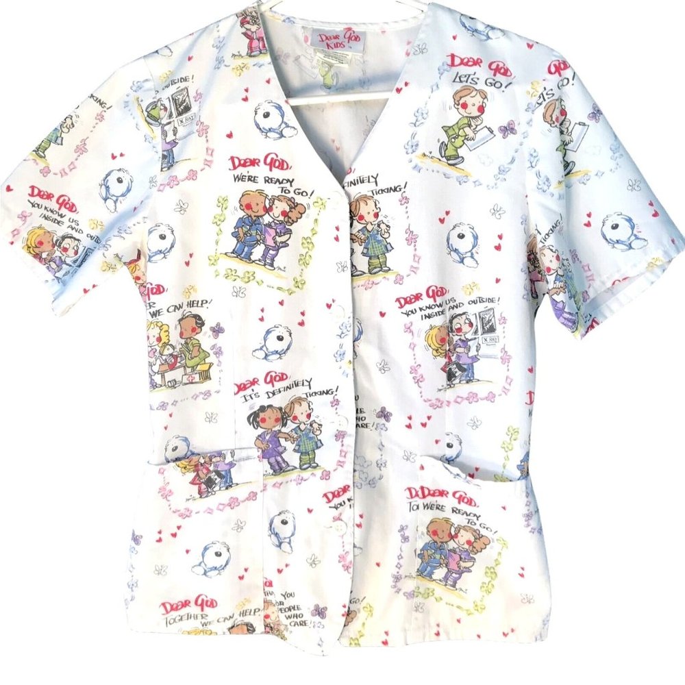 Dear God Kids Scrub White V neck Button Front XS Elastic back 2 Pockets